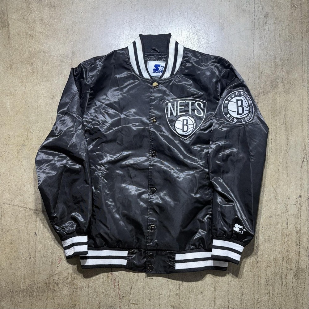 Brooklyn Nets Jacket Mens Large Black NBA Basketball Starter Satin Snap Front